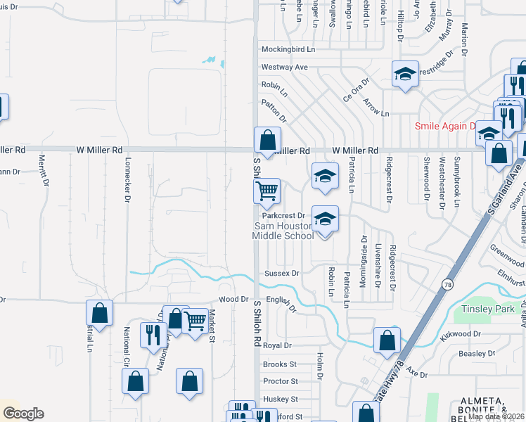 map of restaurants, bars, coffee shops, grocery stores, and more near 2213 Nottingham Drive in Garland