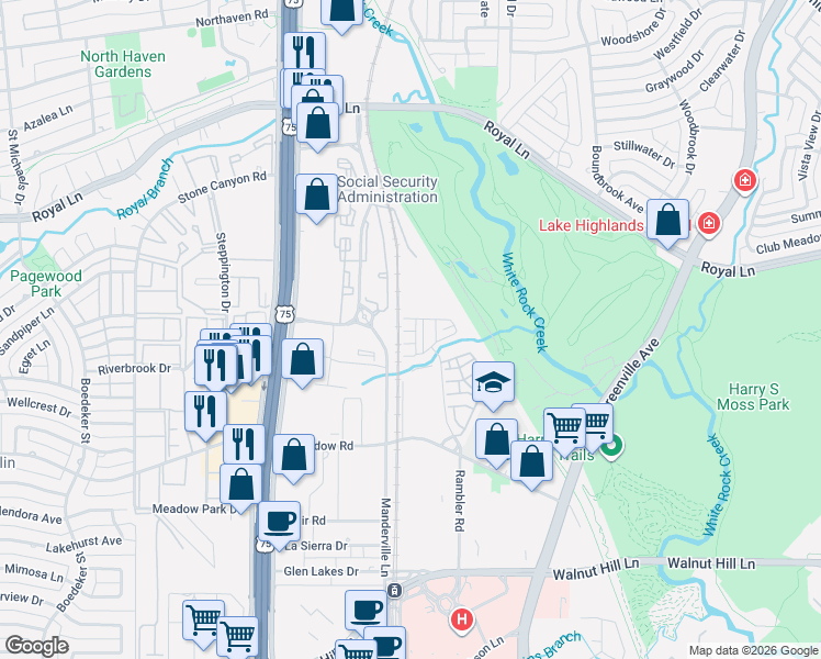 map of restaurants, bars, coffee shops, grocery stores, and more near 8401 Manderville Ln in Dallas