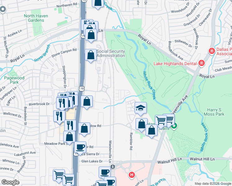 map of restaurants, bars, coffee shops, grocery stores, and more near 8401 Manderville Ln in Dallas