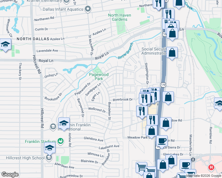 map of restaurants, bars, coffee shops, grocery stores, and more near 7515 Highmont Street in Dallas