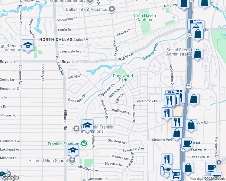 map of restaurants, bars, coffee shops, grocery stores, and more near 10662 Pagewood Drive in Dallas
