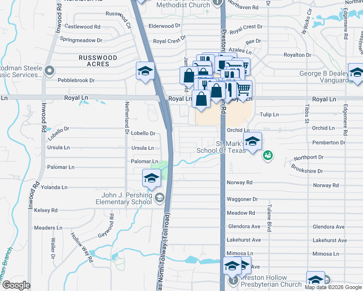 map of restaurants, bars, coffee shops, grocery stores, and more near 5716 Orchid Lane in Dallas