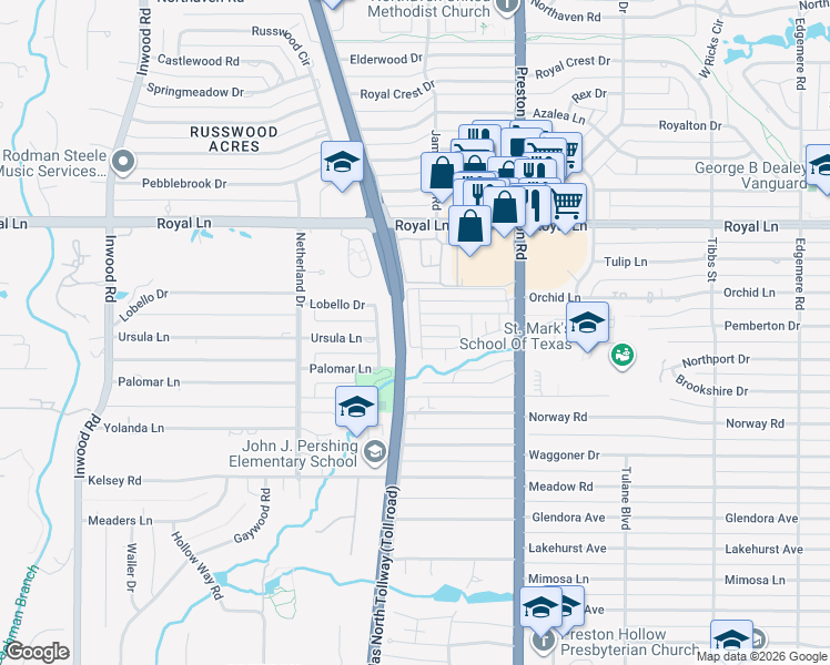 map of restaurants, bars, coffee shops, grocery stores, and more near 10637 Park Preston Drive in Dallas