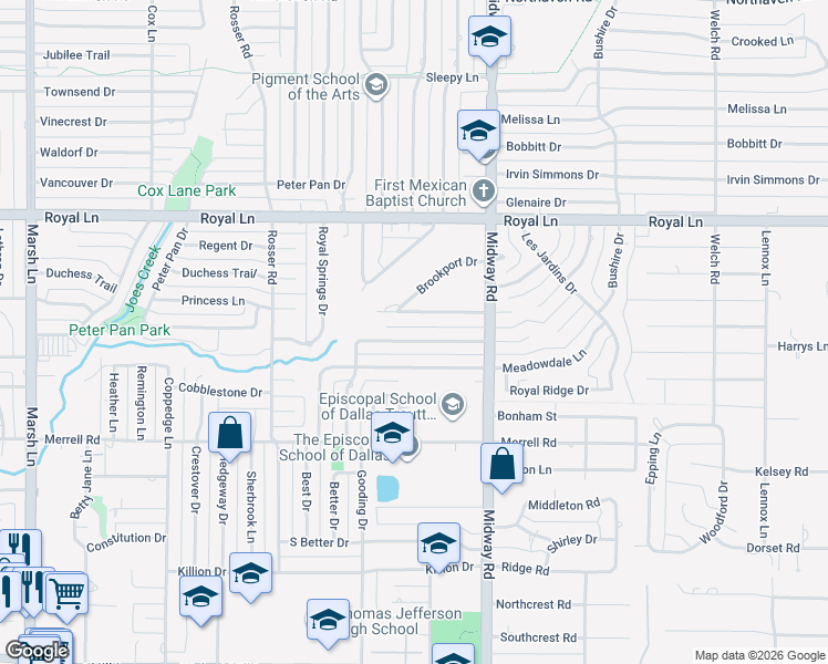 map of restaurants, bars, coffee shops, grocery stores, and more near 4112 Brookport Drive in Dallas