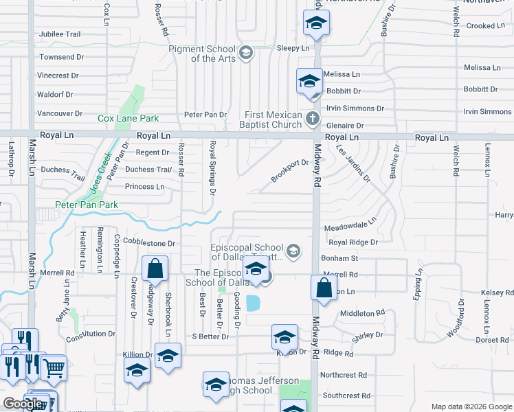 map of restaurants, bars, coffee shops, grocery stores, and more near 4071-4131 Beaver Brook Lane in Dallas