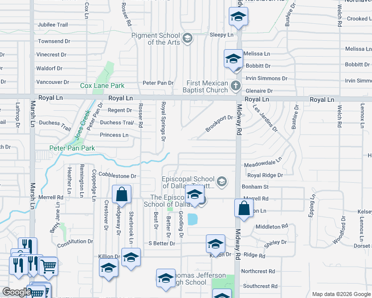 map of restaurants, bars, coffee shops, grocery stores, and more near 10702 Morning Glory Drive in Dallas