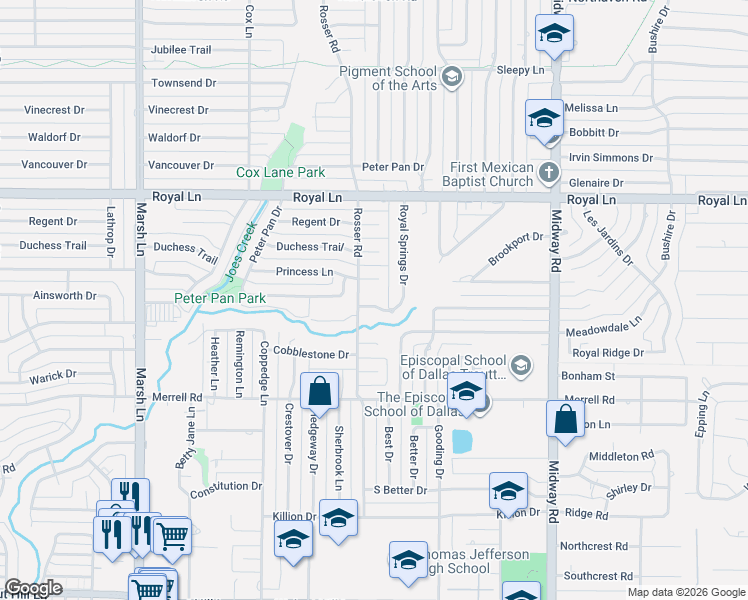 map of restaurants, bars, coffee shops, grocery stores, and more near 3928 Princess Circle in Dallas