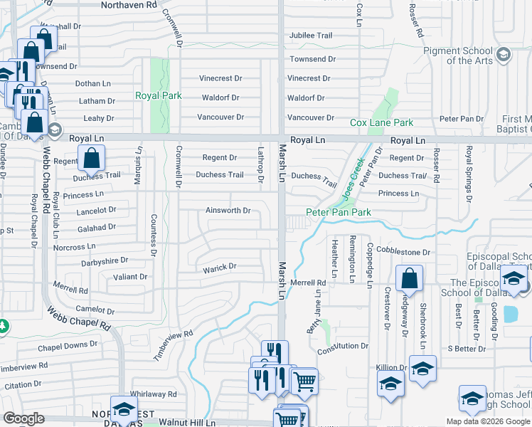 map of restaurants, bars, coffee shops, grocery stores, and more near 3666 Princess Lane in Dallas