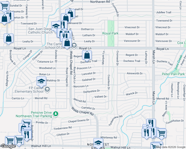 map of restaurants, bars, coffee shops, grocery stores, and more near 3316 Princess Lane in Dallas