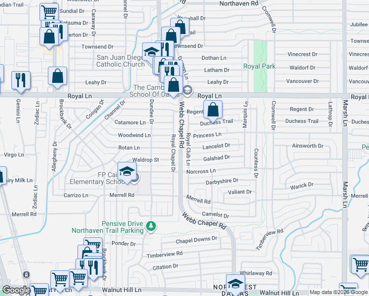 map of restaurants, bars, coffee shops, grocery stores, and more near 10565 Royal Club Lane in Dallas