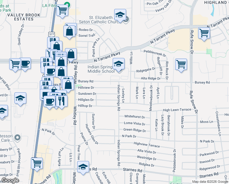 map of restaurants, bars, coffee shops, grocery stores, and more near 6045 Hillview Drive in Watauga