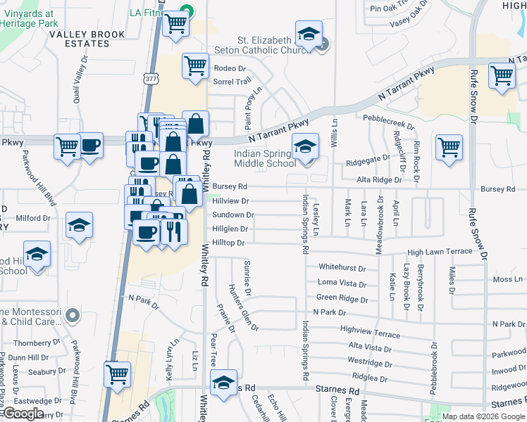 map of restaurants, bars, coffee shops, grocery stores, and more near 6017 Hillview Drive in Watauga