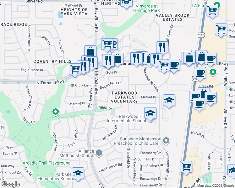 map of restaurants, bars, coffee shops, grocery stores, and more near 8397 Everglades Circle in Fort Worth