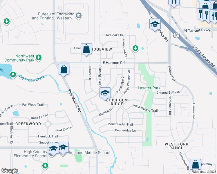 map of restaurants, bars, coffee shops, grocery stores, and more near 8425 Cactus Flower Drive in Fort Worth