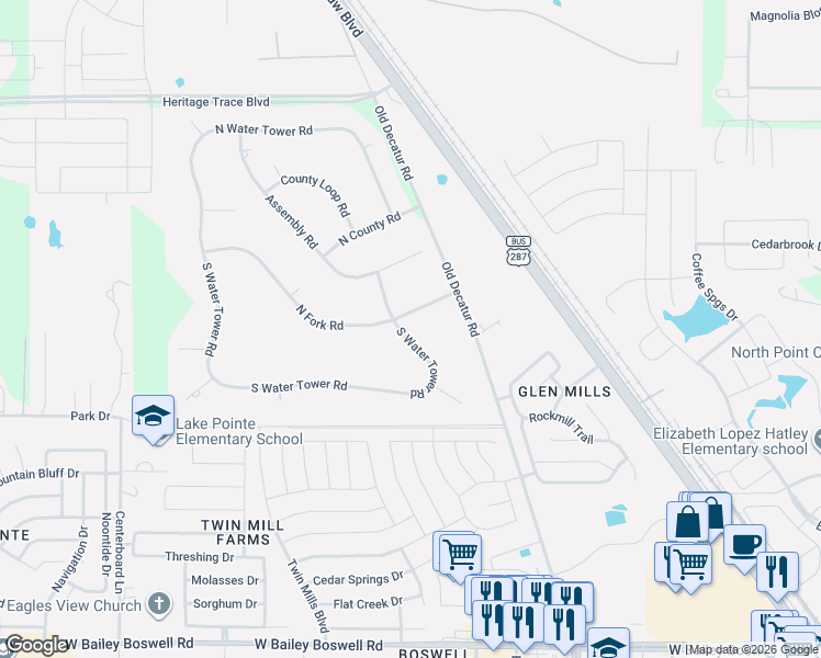 map of restaurants, bars, coffee shops, grocery stores, and more near 1616 North Fork Road in Fort Worth