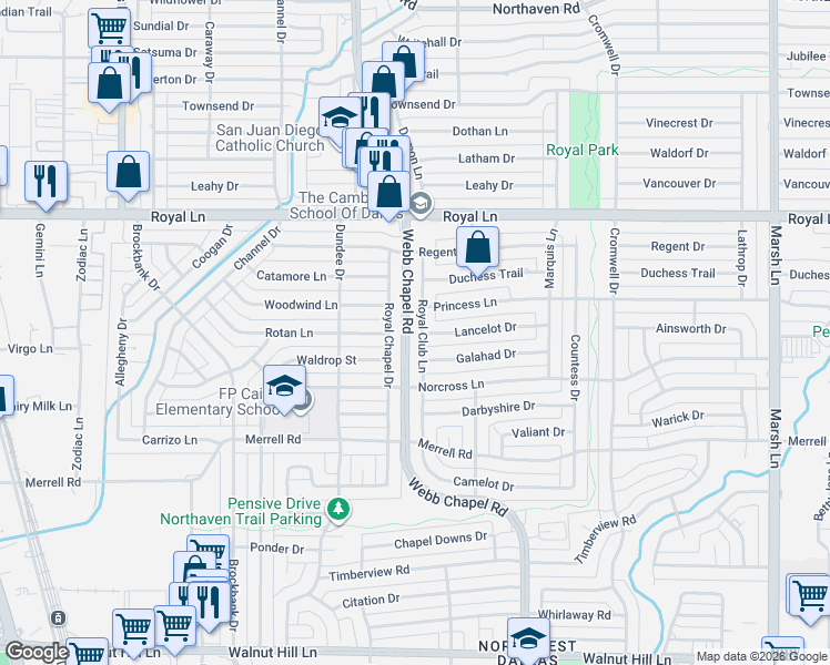 map of restaurants, bars, coffee shops, grocery stores, and more near 10565 Royal Club Lane in Dallas