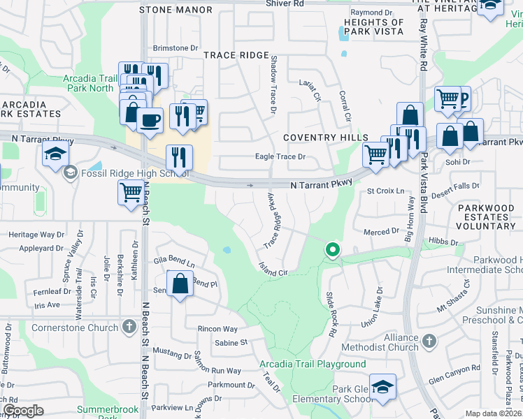 map of restaurants, bars, coffee shops, grocery stores, and more near 8458 Ram Ridge Court in Fort Worth