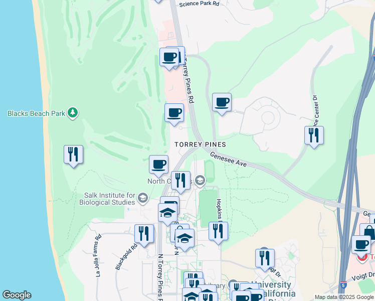 map of restaurants, bars, coffee shops, grocery stores, and more near 10350 North Torrey Pines Road in San Diego