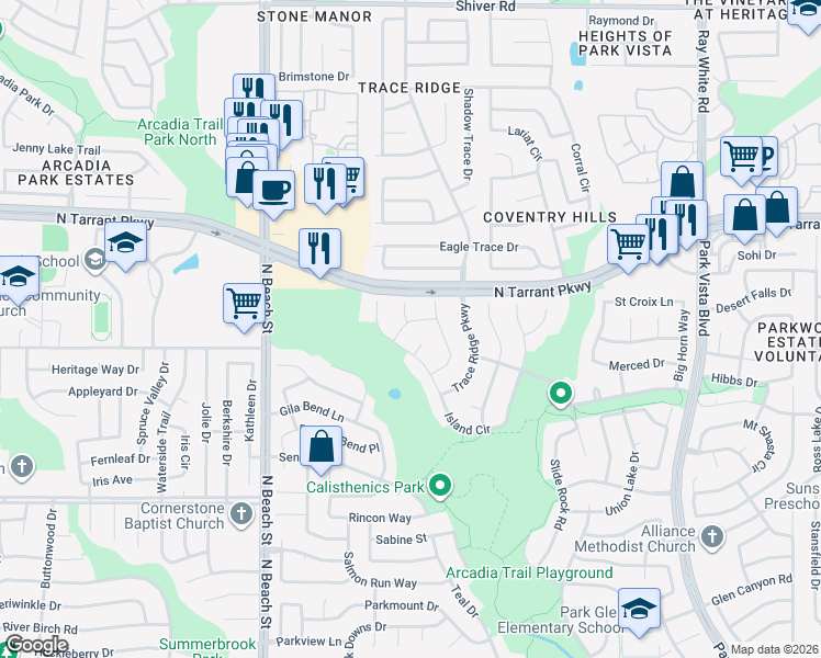 map of restaurants, bars, coffee shops, grocery stores, and more near 8421 Washita Way in Fort Worth