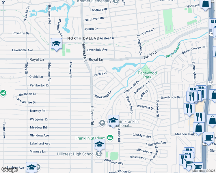 map of restaurants, bars, coffee shops, grocery stores, and more near 7007 Meadowbriar Lane in Dallas