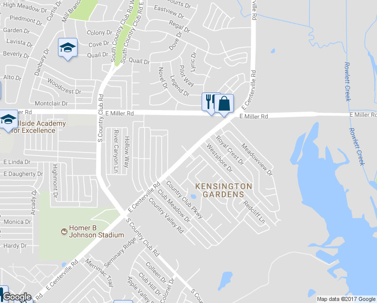 map of restaurants, bars, coffee shops, grocery stores, and more near 1801 East Centerville Road in Garland