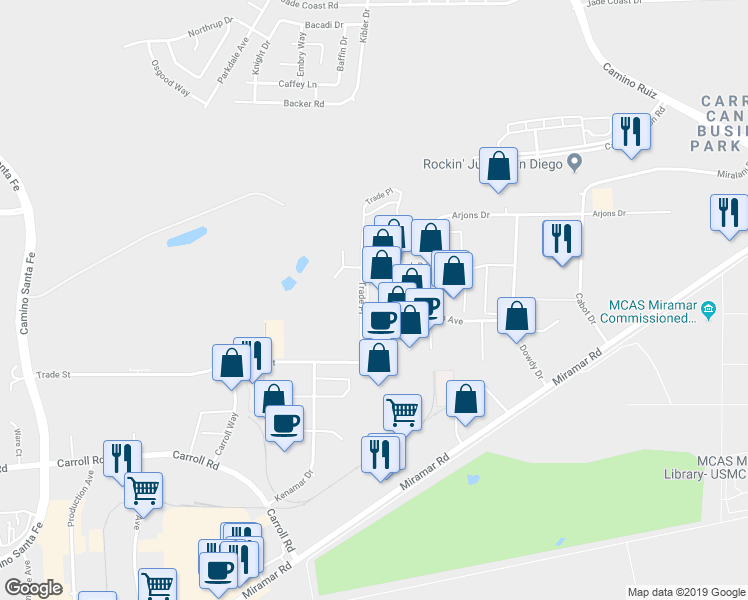 map of restaurants, bars, coffee shops, grocery stores, and more near 9235 Trade Place in San Diego