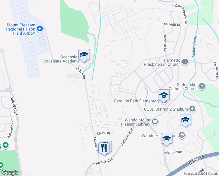 map of restaurants, bars, coffee shops, grocery stores, and more near Billington Drive in Mount Pleasant