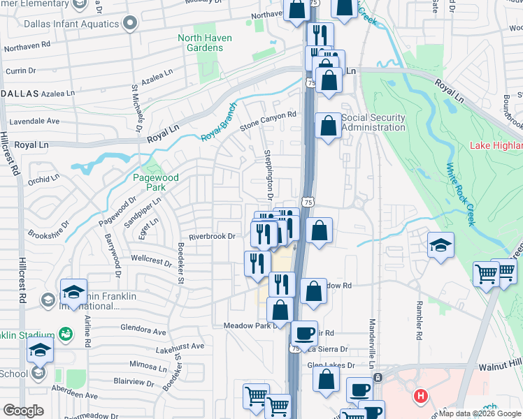 map of restaurants, bars, coffee shops, grocery stores, and more near 10641 Steppington Drive in Dallas
