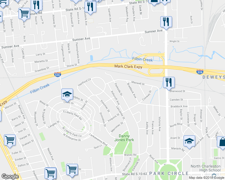 map of restaurants, bars, coffee shops, grocery stores, and more near 1375 Maxwell Street in North Charleston