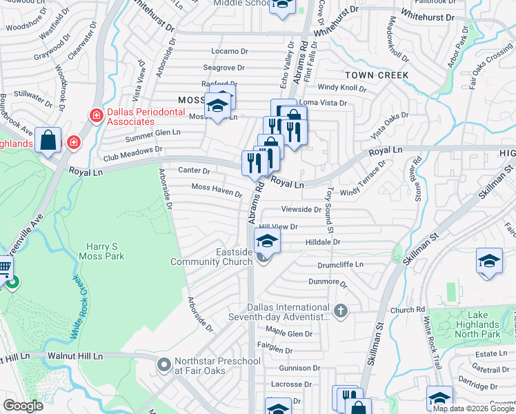 map of restaurants, bars, coffee shops, grocery stores, and more near 8220 Abrams Road in Dallas
