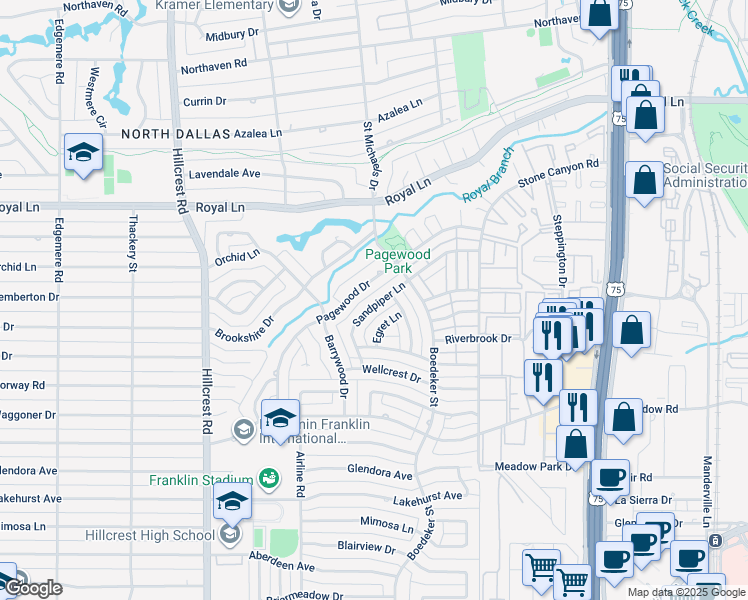 map of restaurants, bars, coffee shops, grocery stores, and more near 10662 Pagewood Drive in Dallas