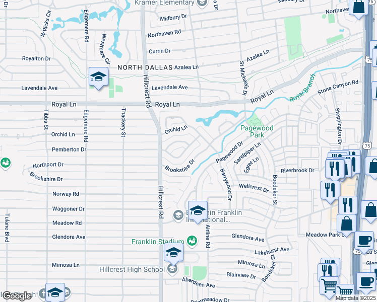 map of restaurants, bars, coffee shops, grocery stores, and more near 7007 Meadowbriar Lane in Dallas