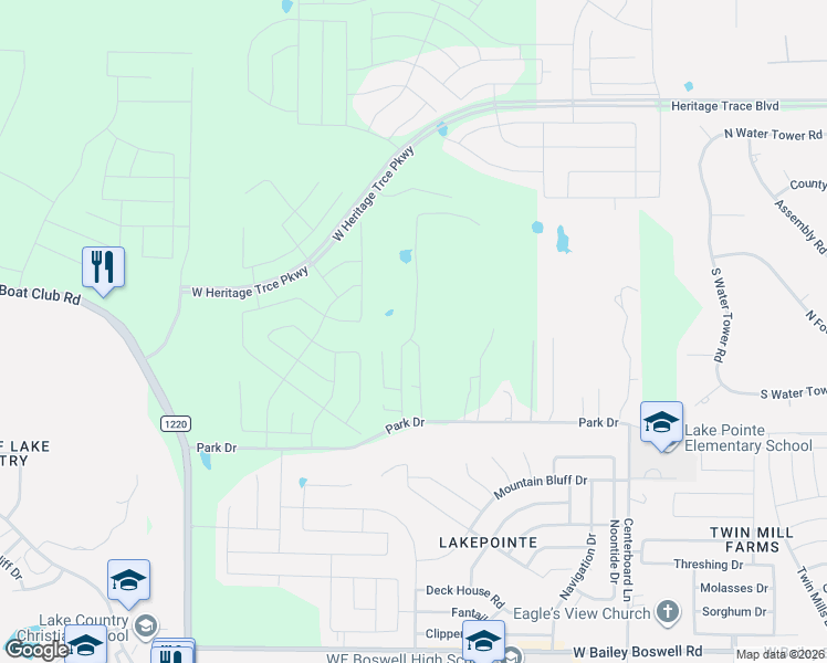 map of restaurants, bars, coffee shops, grocery stores, and more near 9600 Park Drive in Fort Worth
