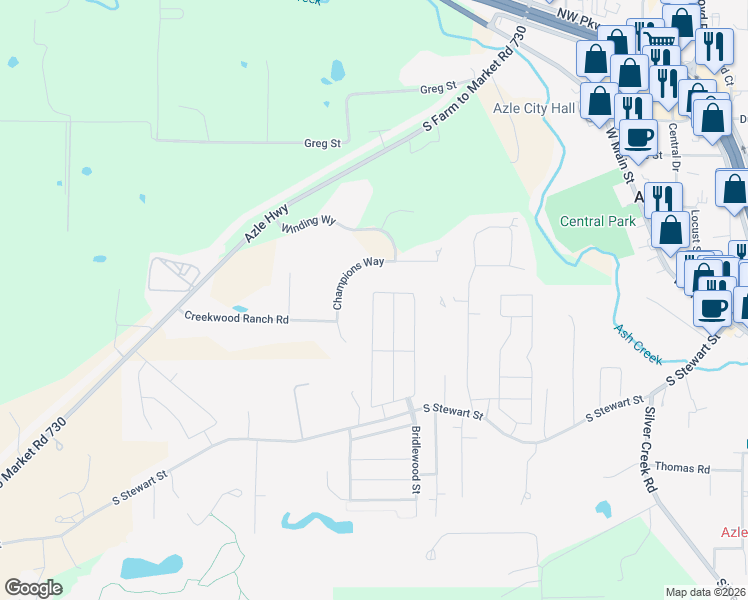 map of restaurants, bars, coffee shops, grocery stores, and more near 156 Champions Way in Azle