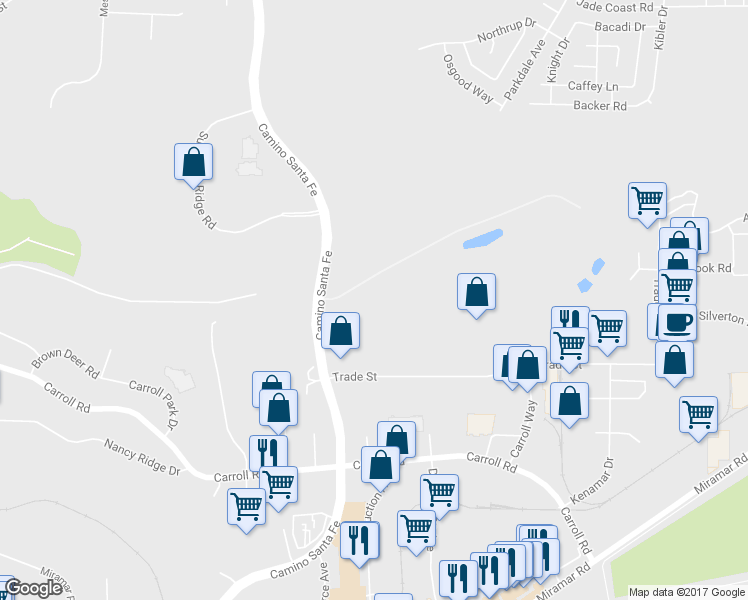 map of restaurants, bars, coffee shops, grocery stores, and more near 9293 Camino Santa Fe in San Diego