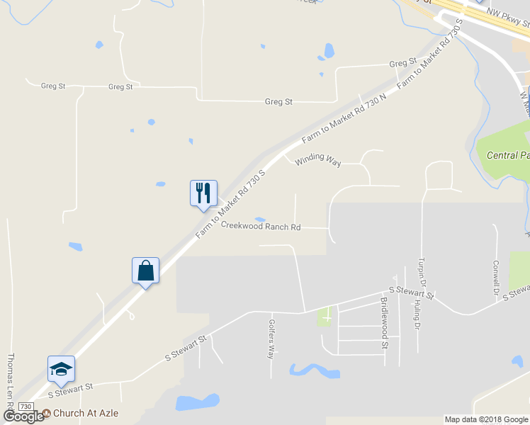 map of restaurants, bars, coffee shops, grocery stores, and more near 147 Creekwood Ranch Road in Azle