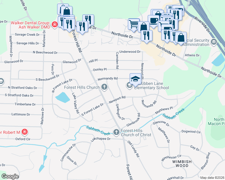 map of restaurants, bars, coffee shops, grocery stores, and more near 1238 Camden Road in Macon