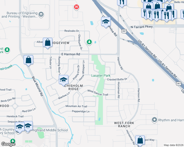 map of restaurants, bars, coffee shops, grocery stores, and more near 8441 Ranch Hand Trail in Fort Worth