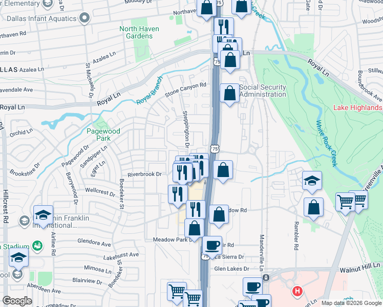 map of restaurants, bars, coffee shops, grocery stores, and more near 10600 Steppington Drive in Dallas