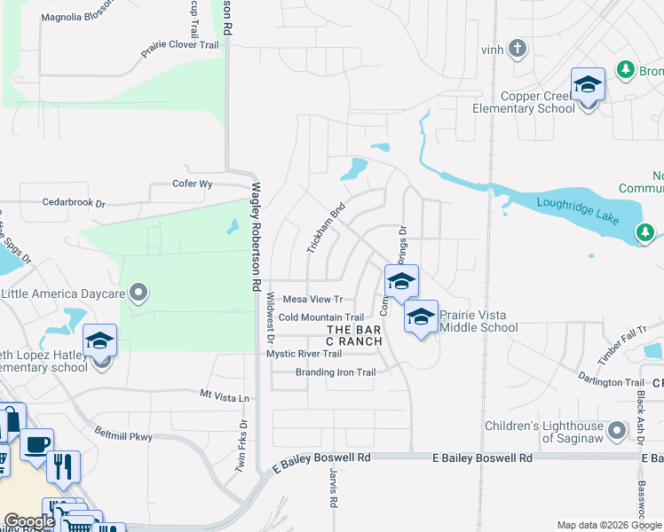 map of restaurants, bars, coffee shops, grocery stores, and more near 416 Running Water Trail in Fort Worth