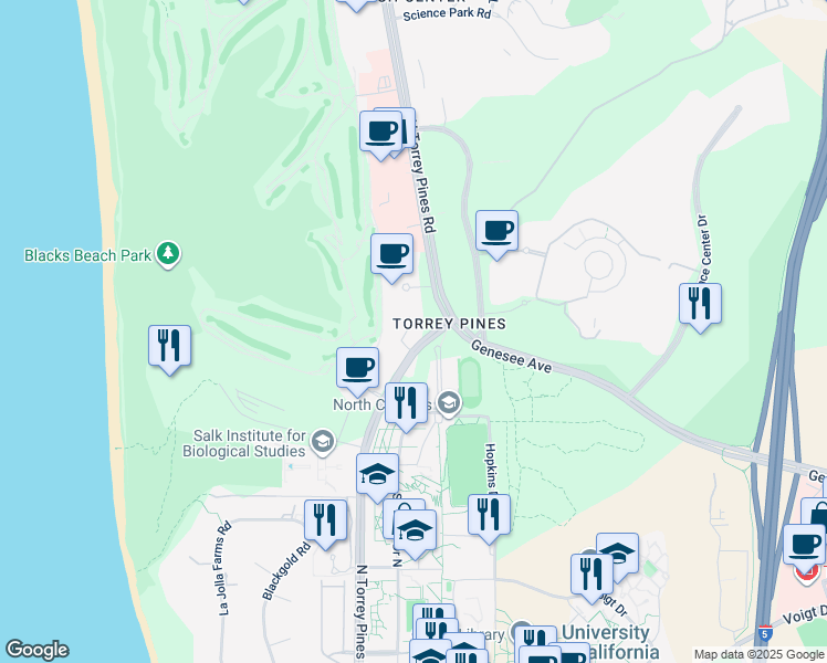 map of restaurants, bars, coffee shops, grocery stores, and more near 3377 North Torrey Pines Court in San Diego
