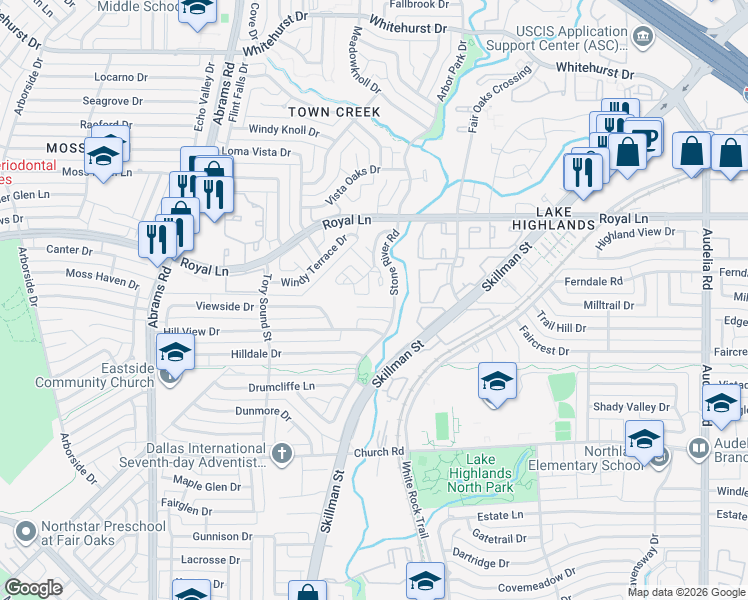 map of restaurants, bars, coffee shops, grocery stores, and more near 8319 Southmeadow Circle in Dallas