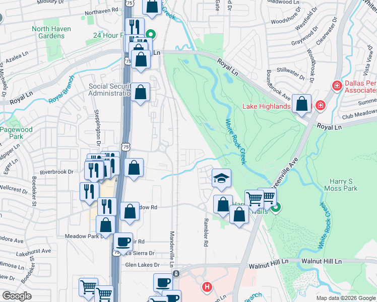 map of restaurants, bars, coffee shops, grocery stores, and more near 8401 Manderville Lane in Dallas