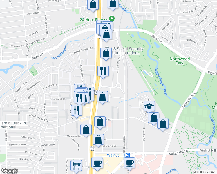 map of restaurants, bars, coffee shops, grocery stores, and more near 10670 East Service Road in Dallas