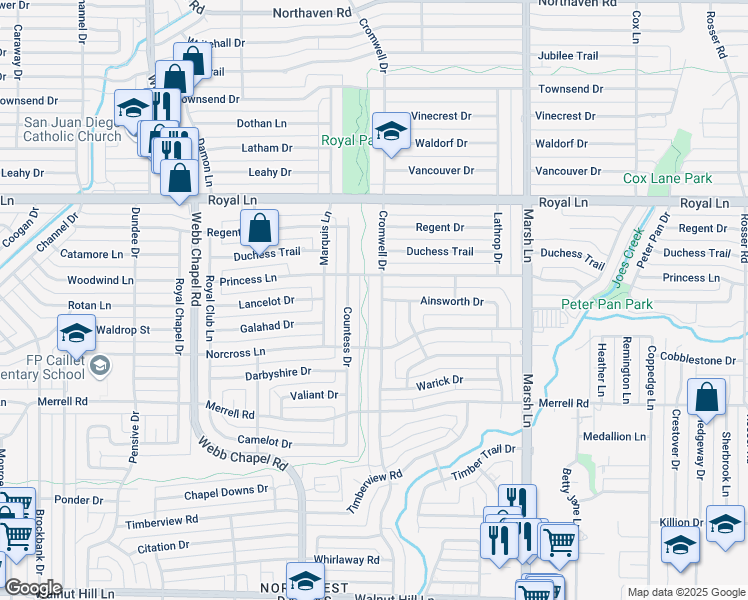 map of restaurants, bars, coffee shops, grocery stores, and more near 10565 Cromwell Drive in Dallas