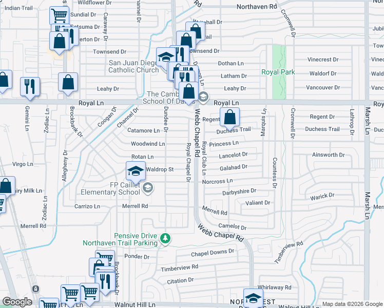 map of restaurants, bars, coffee shops, grocery stores, and more near 3226 Woodwind Lane in Dallas