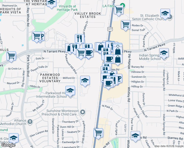 map of restaurants, bars, coffee shops, grocery stores, and more near 5801 Blackmon Court in Fort Worth