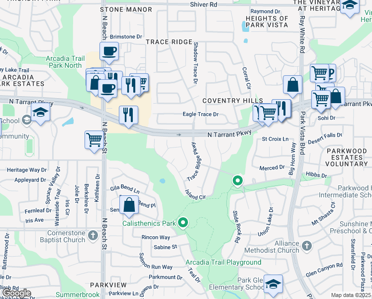 map of restaurants, bars, coffee shops, grocery stores, and more near 8458 Ram Ridge Court in Fort Worth