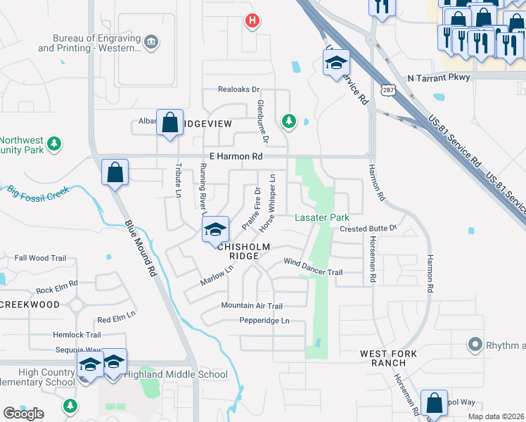 map of restaurants, bars, coffee shops, grocery stores, and more near 8417 Horse Whisper Lane in Fort Worth