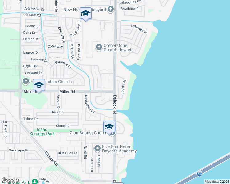 map of restaurants, bars, coffee shops, grocery stores, and more near Dalrock Rd & Miller Rd in Rowlett